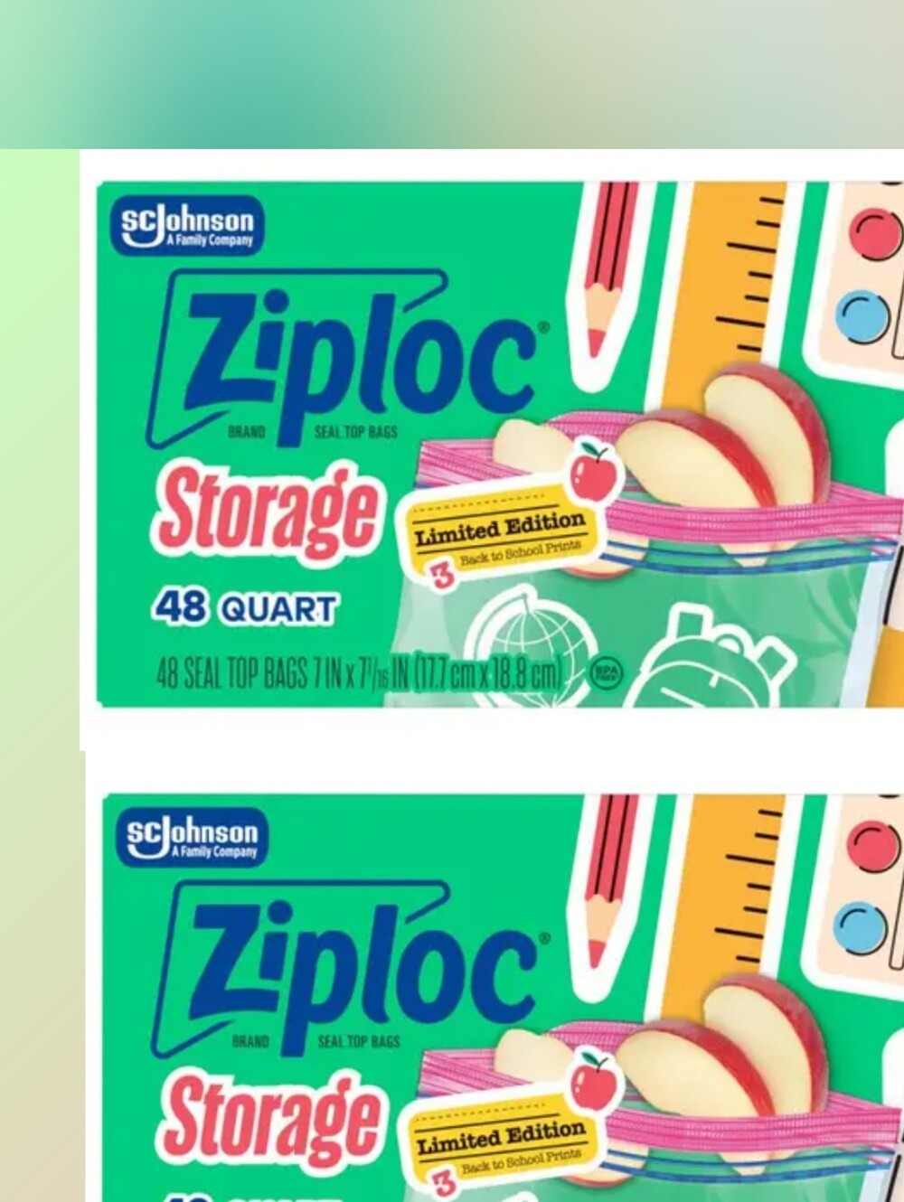 2 Pack -8 Ziploc Back-To-School Print Storage Quart Bags 48-count